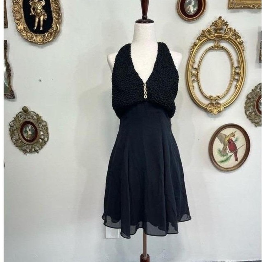 Vintage Faviana Y2K Black Halter Mini Dress Popcorn Textured Bodice Size 3/4